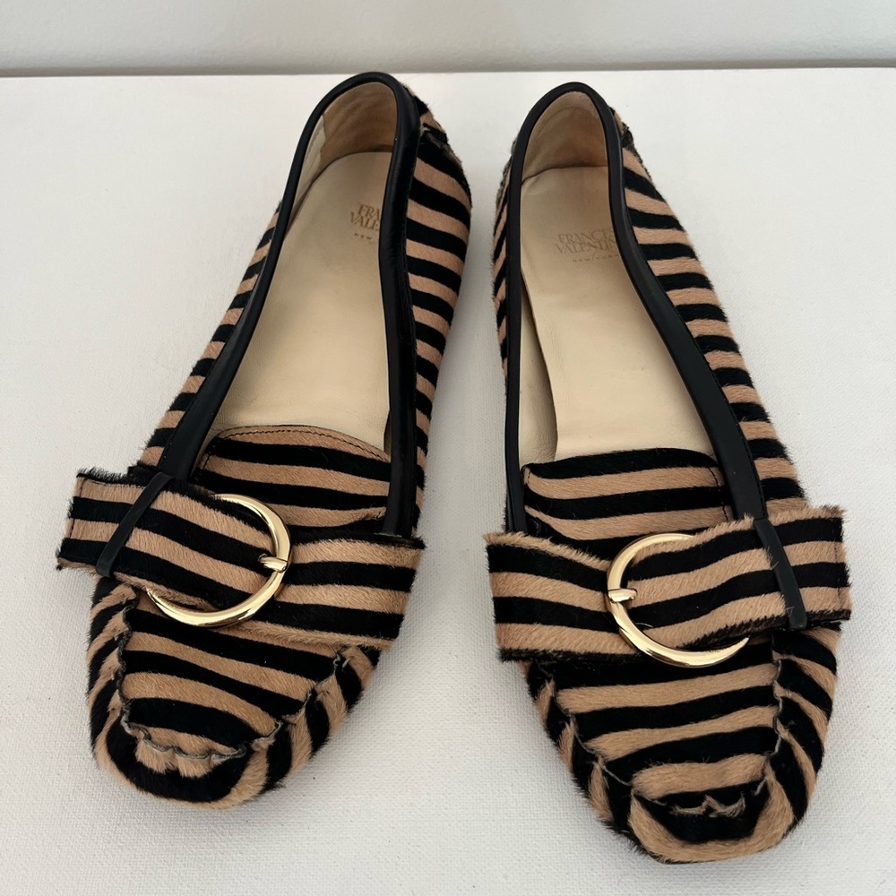 Frances Valentine Striped Loafers with Gold Buckle